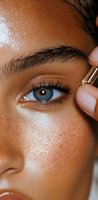 Close-up of mixed race woman with bright blue eyes and freckled skin applying serum or skincare product. Dewy, glowing complexion highlights beauty and skincare concept.