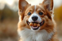 Cheerful red and white Pembroke Welsh Corgi dog with bright blue eyes showing happy expression and open mouth against soft blurred autumn background.
