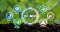 Wellness concept with glowing icons on natural green background showing health, fitness, balance and mental wellbeing for holistic lifestyle.