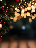 Christmas tree branch with red berries and golden ornament against blurred warm bokeh lights background, creating festive holiday atmosphere. Perfect for seasonal designs.