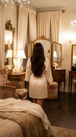 Young woman in white robe standing at ornate vanity mirror in luxury hotel bedroom with golden decor and elegant furnishings for morning routine.
