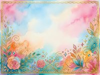 Watercolor floral border with pastel pink, blue, and yellow gradient sky background, ornamental leaves and flowers, decorative frame design for invitations and greeting cards.