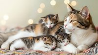 Adorable tabby mother cat with three small kittens resting together on soft blanket with warm bokeh lights creating cozy family portrait atmosphere.
