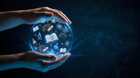 Hand holding glowing globe with digital network connections and data icons, representing global communication, technology innovation, and worldwide business connectivity.