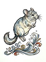 Chinchilla jumping over decorative water waves, isolated on white background. Hand-drawn illustration suitable for children's books, t-shirt designs, and educational materials.