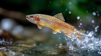 Golden trout leaping out of crystal clear water with splashing droplets against dark blurred natural background, dramatic wildlife action moment captured in motion.