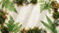 Natural botanical frame with ferns, moss and green foliage on white wooden background for organic design projects and nature-themed layouts.