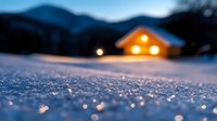 Glowing wooden cabin in snowy winter landscape at dusk with sparkling snow crystals in foreground creating magical bokeh effect. Mountain silhouettes visible in background.