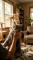 Tabby cat enjoying gentle chin scratches from owner in cozy living room with natural sunlight streaming through windows and cat tree in background.