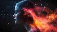 Female profile silhouette merging with cosmic nebula in dark space, glowing red and orange galaxy elements creating ethereal double exposure effect.
