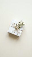 White gift box wrapped with natural twine and olive branch on neutral beige background for eco-friendly holiday packaging and sustainable gifting concepts.