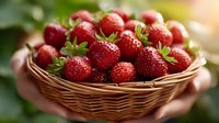 Fresh ripe strawberries in wicker basket held by hands outdoors in natural sunlight for healthy eating and organic farming concepts.