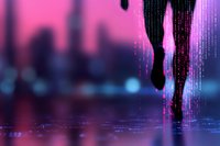 Glitch effect with digital distortion and dripping paint texture against neon pink and purple background creates moody cyberpunk atmosphere.
