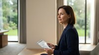 Professional businesswoman holding tablet in modern office space with large windows overlooking garden view for corporate technology presentations.
