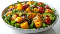 Fresh summer salad with juicy mango cubes, ripe avocado, cherry tomatoes and mixed greens topped with black pepper and herbs on white ceramic plate.