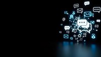 Digital communication icons floating with glowing effects on dark background for technology and networking concepts in business presentations.