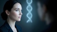Young female scientist examining glowing DNA double helix structure in modern laboratory for genetic research and biotechnology applications.