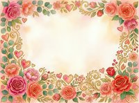 Vintage floral frame with pink and red roses, ornamental gold scrolls, and green foliage on cream background. Perfect for wedding invitations, greeting cards, and decorative designs.