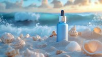 Cosmetic blue dropper bottle on beach sand with seashells at sunset. Soft focus beauty product photography with ocean waves and golden sky background.