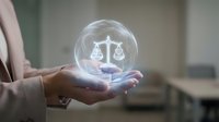 Professional woman holding glowing transparent sphere with justice scales symbol representing legal balance, fairness and law concepts in modern office.