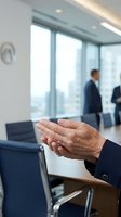Senior businessman hands in prayer gesture during corporate meeting in modern office boardroom with city skyline view and colleagues in background.