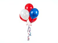 Bunch of red, white, and blue balloons with curled ribbons isolated on white background, ready for celebrations, patriotic events, and holiday party design projects.