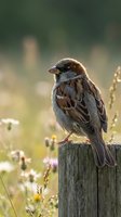 Small brown sparrow perched on weathered wooden post in wildflower meadow with soft green bokeh background, suitable for nature and wildlife editorial use.