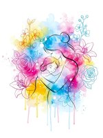 Watercolor mother and baby silhouette surrounded by floral elements with colorful paint drips on white background for motherhood designs.
