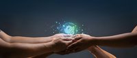 Hands holding glowing digital globe with light particles, representing global connection, technology transfer, teamwork, and worldwide communication network collaboration.