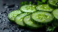 Fresh cucumber slices with water drops on dark background, macro shot showing crisp texture and natural juiciness for food and healthy eating concepts.