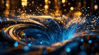 Glowing blue and gold light trails create dynamic swirling pattern with sparkles and bokeh effects against dark background, abstract magical energy flow.