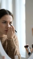 Young woman applying eyeliner makeup in mirror wearing beige sweater. Natural morning beauty routine and cosmetics application at home.