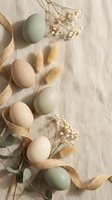 Natural Easter eggs in soft pastel colors arranged with dried flowers and ribbon on linen fabric background for spring holiday celebration and decoration.