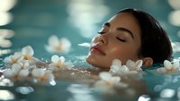 Young Asian woman relaxing in spa pool with plumeria flowers floating on water surface, eyes closed in peaceful meditation against turquoise background.