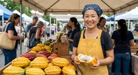 Asian woman vendor smiling at farmers market selling fresh corn on the cob wearing yellow apron and blue bandana with customers shopping in background.