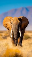 Majestic African elephant with large tusks standing in golden savanna grassland with mountain backdrop during warm sunset light for wildlife photography.