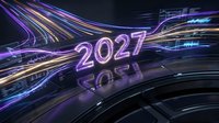 Neon glowing 2027 text with purple and blue light trails on dark reflective surface, symbolizing future technology and innovation for new year concepts.