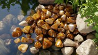 Polished brown and white river rocks scattered along water's edge with green foliage reflection, creating natural zen garden atmosphere for wellness and meditation spaces.