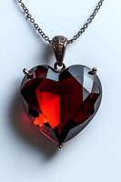 Deep red crystal heart pendant necklace with faceted surface on silver chain against white background, showcasing brilliant light reflection and romantic appeal.
