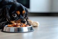 Adorable black and tan Cavalier King Charles Spaniel puppy eating from metal bowl on floor, close-up portrait showing expressive eyes and gentle expression.