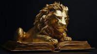 Golden lion sculpture resting on antique open book against dark background, dramatic lighting highlights metallic texture and intricate mane details. Suitable for education and wisdom concepts.