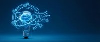 Light bulb with glowing blue brain and innovation icons representing creative thinking, artificial intelligence, and breakthrough ideas for business solutions.
