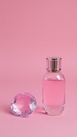 Pink perfume bottle with crystal diamond on pastel background for luxury cosmetics branding and feminine fragrance marketing campaigns.
