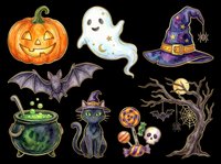 Spooky Halloween collection featuring jack-o-lantern pumpkin, friendly ghost, witch hat, bat, cauldron, black cat, candy, skull, dead tree isolated on transparent background. Ready for t-shirts, stickers, clipart, sublimation.