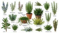 Collection of fresh aromatic herbs including rosemary, thyme, sage and other culinary plants in pots and sprigs isolated on white background for cooking.