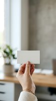 Hand holding blank white business card in modern office workspace with natural light, wooden desk, potted plant, and concrete wall background for branding mockup.