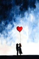 Silhouette of loving couple holding red heart balloon against dramatic blue sky background. Romantic watercolor style artwork for Valentine's cards and love concepts.