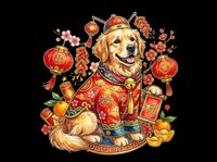 Golden retriever wearing traditional red and gold festive attire surrounded by lanterns, coins, and decorative elements on transparent background. Ready for t-shirts, clipart, stickers, print-on-demand, and sublimation designs.