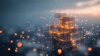 Futuristic digital cube structure with glowing orange light grid surrounded by bokeh particles against blurred cityscape at dusk.