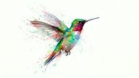 Watercolor hummingbird with vibrant green and red plumage in flight, artistic paint splashes and droplets on white background for creative design projects.